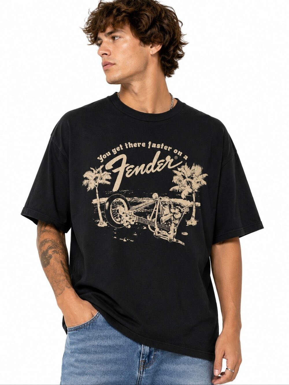Fender Graphic T-Shirt Men's 2XL Black Chopper Motorcycle Palm Trees Cotton Tee